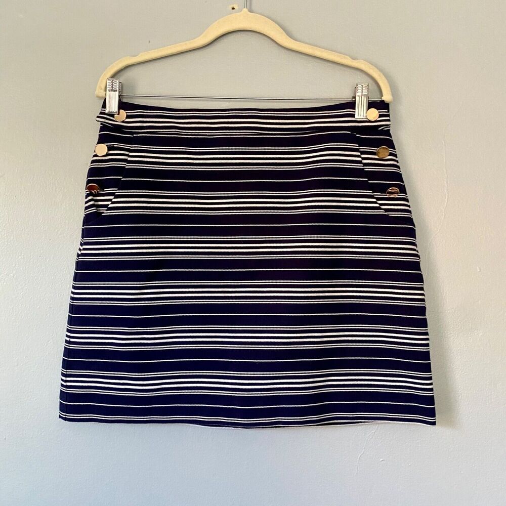 Loft Mini Skirt Size 8 Navy White Striped Short Gold Button Lined Nautical NEW